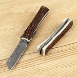 KATSU Damascus Steel Folding Knife with Antler Handle