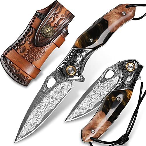 Minowe Damascus Steel Folding Pocket Knife 3.1
