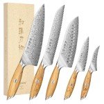 5-Piece Damascus Kitchen Knife Set with Olive Handle
