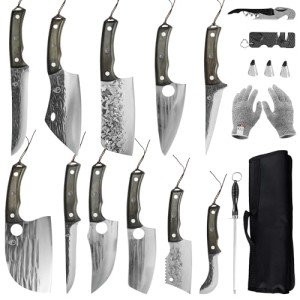 FULLHI 17pcs Butcher Chef Knife Set - High Carbon Steel