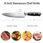 Damascus Chef Knife, 8-Inch VG10 Steel, Ergonomic Handle