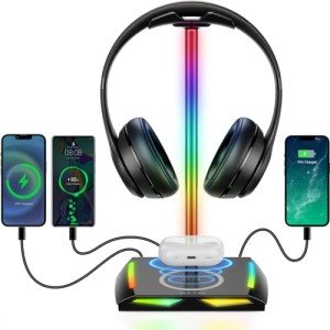 RGB Headphone Stand with Wireless Charger and USB Ports