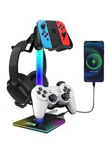 VCOM RGB Headphone Stand with 10 Light Modes, Gaming Controller Holder with 2 USB Ports, PC Gaming Accessories for Desk, Universal Organizer Headpsets/Xbox PS5 Controller Stand Gamer gifts