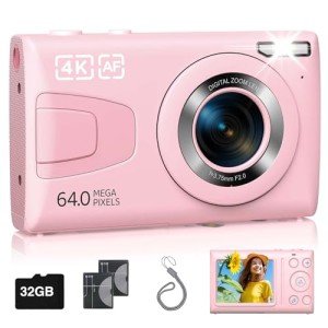 Pink 64MP 4K Digital Camera with 32G SD Card