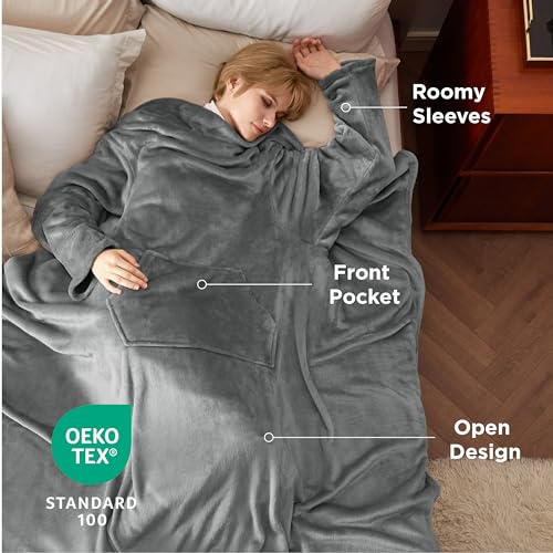 Bedsure Wearable Blanket with Sleeves - Grey, 150 x 200 cm