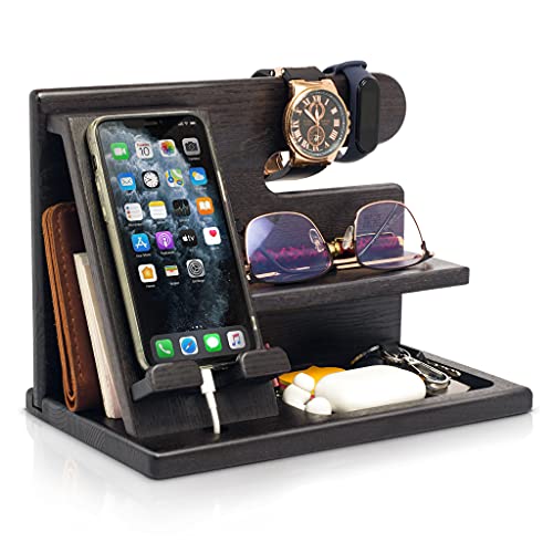 Wood Phone Docking Station with Key Holder and Wallet Stand