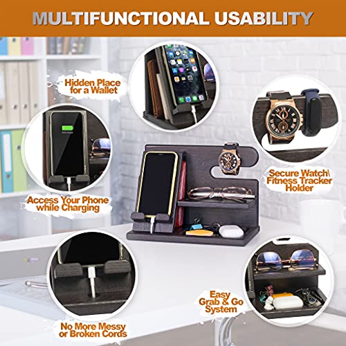 Wood Phone Docking Station with Key Holder and Wallet Stand