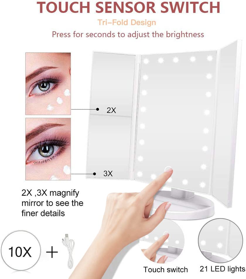 Tri-fold LED Makeup Mirror, 22 LED Lights, White