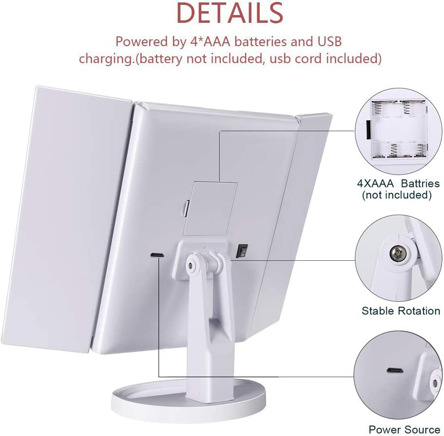 Tri-fold LED Makeup Mirror, 22 LED Lights, White