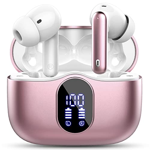 Bluetooth 5.3 Wireless Earbuds - Deep Bass, Waterproof, Rose Gold