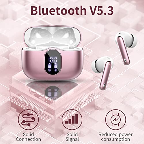 Bluetooth 5.3 Wireless Earbuds - Deep Bass, Waterproof, Rose Gold