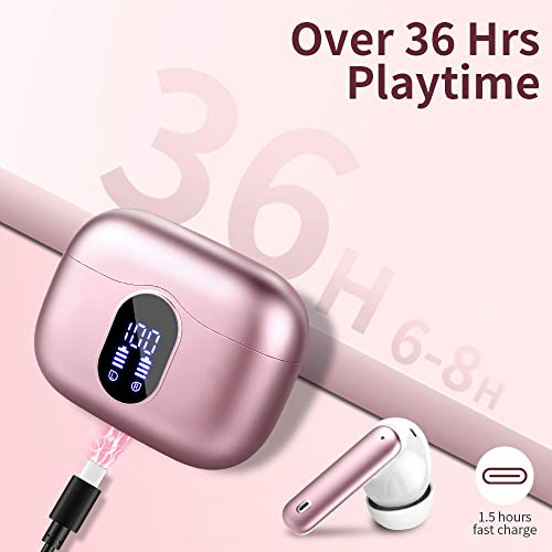 Bluetooth 5.3 Wireless Earbuds - Deep Bass, Waterproof, Rose Gold