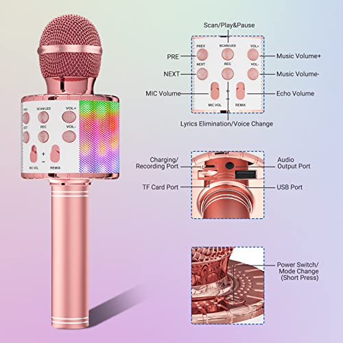 Ankuka Karaoke Wireless Microphone with LED Lights, Rose Gold