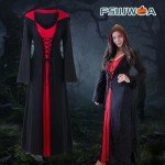 Vintage Witch Dress with Hood - Black & Red