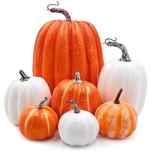 7pcs Orange & White Artificial Pumpkins for Decor