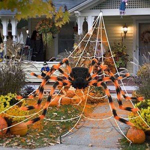 Giant Halloween Spider Webs and Colorful Spider Decor