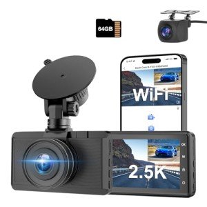 Dual Dash Cam with WiFi, 2.5K+1080P, 64GB Card