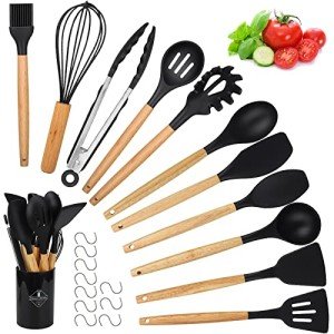 22-Piece Silicone Kitchen Utensil Set with Wood Handles