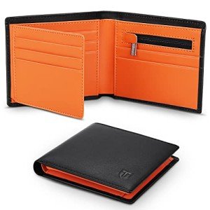 Slim RFID Blocking Leather Wallet for Men - Black & Orange