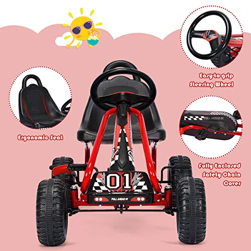 COSTWAY Kids Go Kart: Adjustable Seat, Handbrake - Red