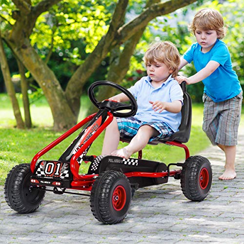 COSTWAY Kids Go Kart: Adjustable Seat, Handbrake - Red