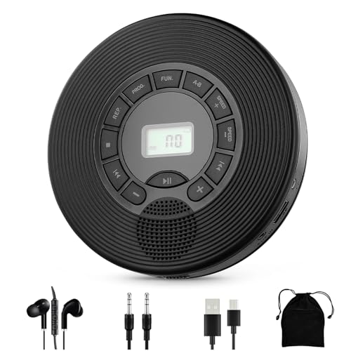 Portable CD Player with Earphones, Speakers, Car & Home, 2000mAh Rechargeable, Screen