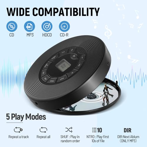 Portable CD Player with Earphones, Speakers, Car & Home, 2000mAh Rechargeable, Screen