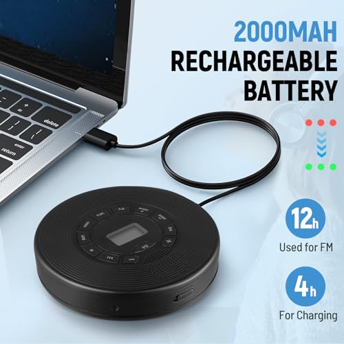 Portable CD Player with Earphones, Speakers, Car & Home, 2000mAh Rechargeable, Screen