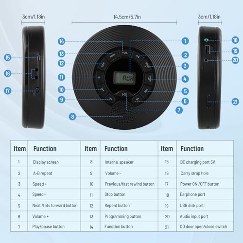 Portable CD Player with Earphones, Speakers, Car & Home, 2000mAh Rechargeable, Screen