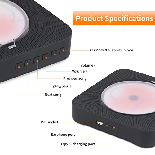 Yintiny Cute Black CD Player - Bluetooth 5.0, Rechargeable