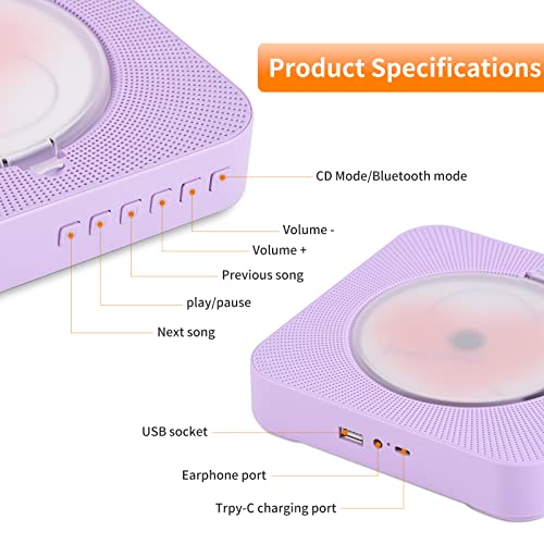 Portable Purple CD Player with Bluetooth 5.0