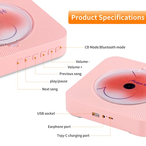 Pink Bluetooth CD Player with Rechargeable Battery