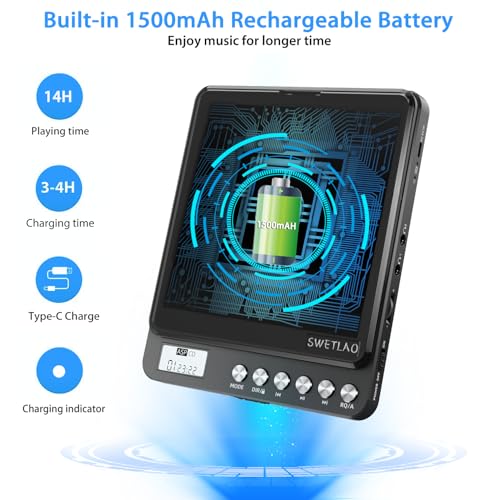 Portable CD Player with Built-in Speakers, Rechargeable - Double Headphone Jack