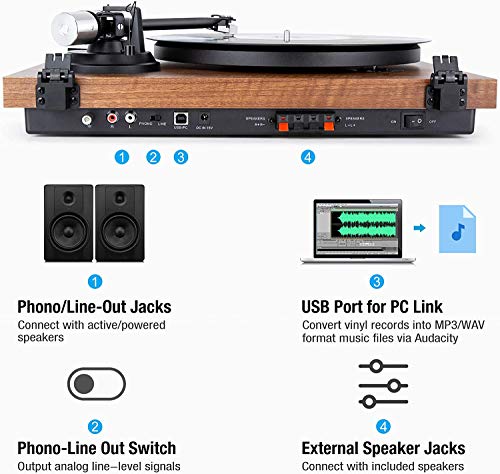 Bluetooth Turntable with Hi-Fi System and Bookshelf Speakers