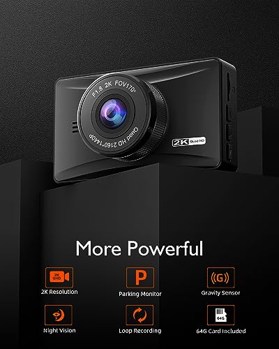 2K Dash Cam, 3" Car Camera, 170° Wide Angle
