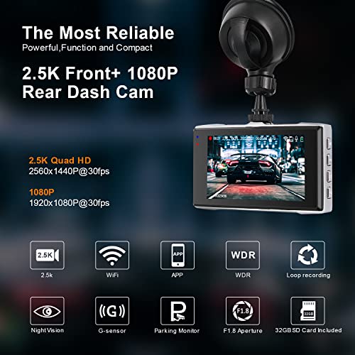 2.5K Dual Dashcam: Front and Rear Cameras, WiFi, 32GB