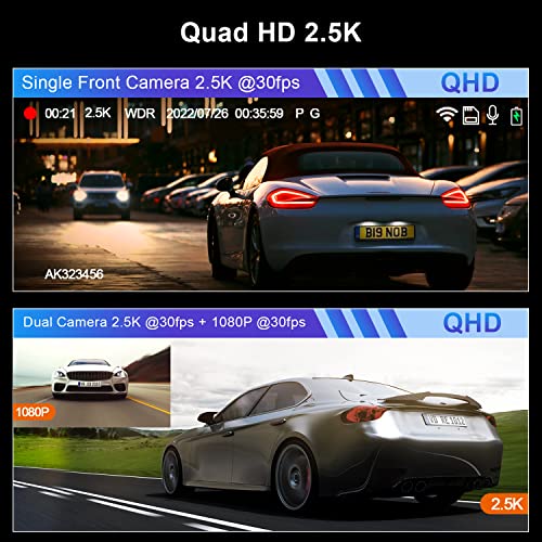 2.5K Dual Dashcam: Front and Rear Cameras, WiFi, 32GB