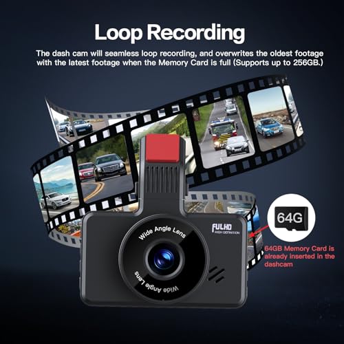 Front Dash Cam 1080P, 170° Wide Angle, 64GB