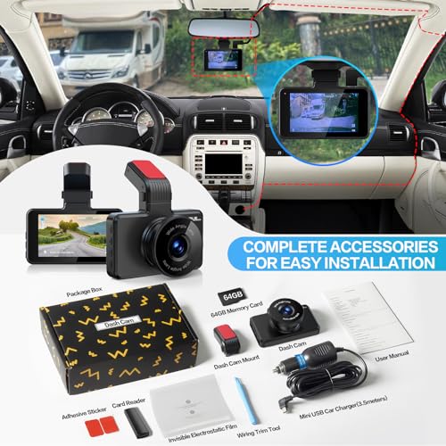 Front Dash Cam 1080P, 170° Wide Angle, 64GB