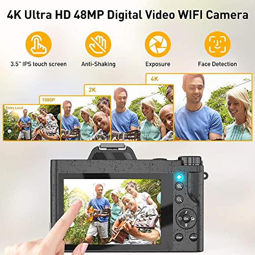 4K WiFi Camcorder with Wide Angle Lens, 48MP
