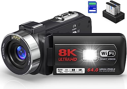8K 64MP Camcorder with Flip Screen & Accessories