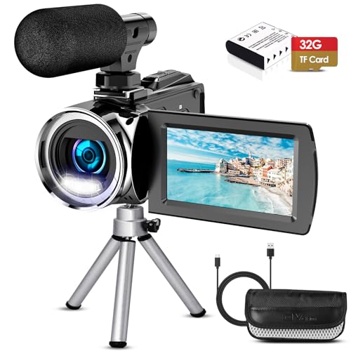 4K 48MP Video Camcorder with Tripod, Batteries