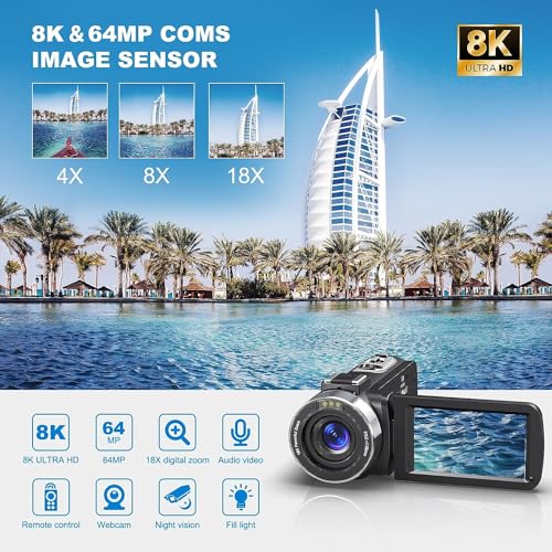 8K 64MP Camcorder with Flip Screen & Accessories