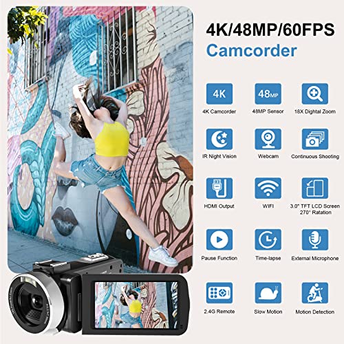 4K Video Camera with 48MP, WiFi, Night Vision