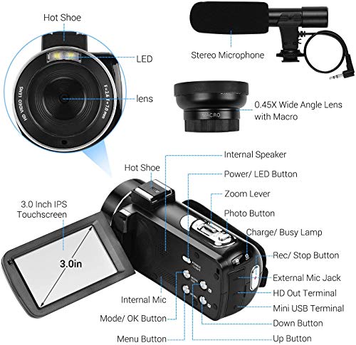 4K HD Handheld Video Camera with Wide Angle Lens, Microphone