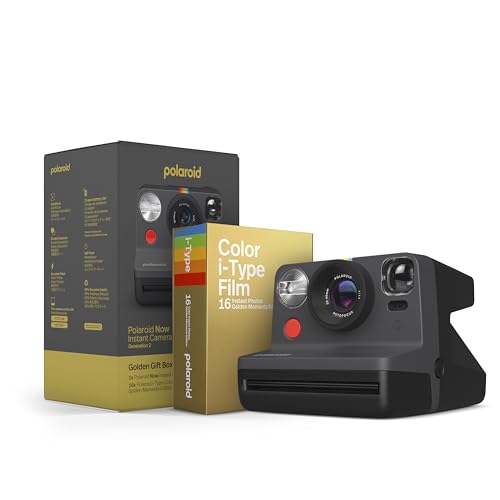 Polaroid Now Black Camera + Golden Moments Film Bundle