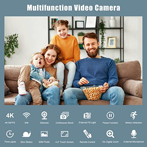 4K Camcorder with Autofocus, 64MP, 60FPS, 18X Zoom