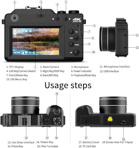 AILRINNI 4K Camera with 48MP, WiFi, 18X Zoom