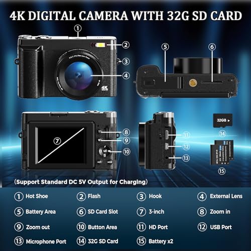 Digital Camera with 4K UHD, Autofocus & 32G
