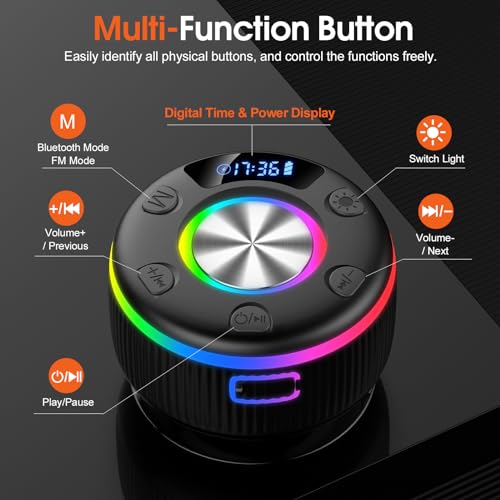 Portable Bluetooth Shower Speaker with Time Display, RGB Lights